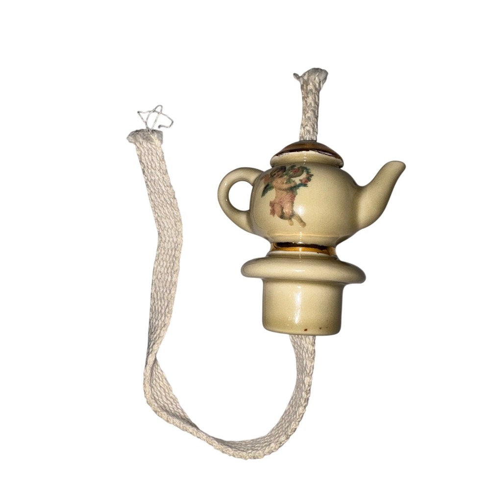 Vintage Porcelain Teapot Oil Lamp Wick Holder Cherub Angel Gold‎ Trim Cream